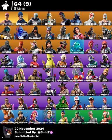 [PC] 64 skins | OG STW | A.I.M. | Sentinel | Fade | The Ice King | Wild Card | Ragnarok | Zenith | Fusion | Blackheart | Lynx | The Prisoner | Rox | 910 VB